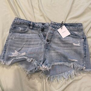 Button-Front Distressed Denim Shorts - Light Blue
